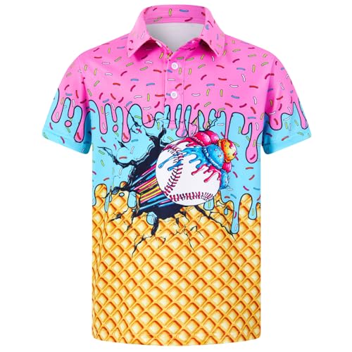 Cozople Boys Polo Shirt - Lightweight Short Sleeve Collared Top for 5-14 Years, Ball Ice Cream Pattern