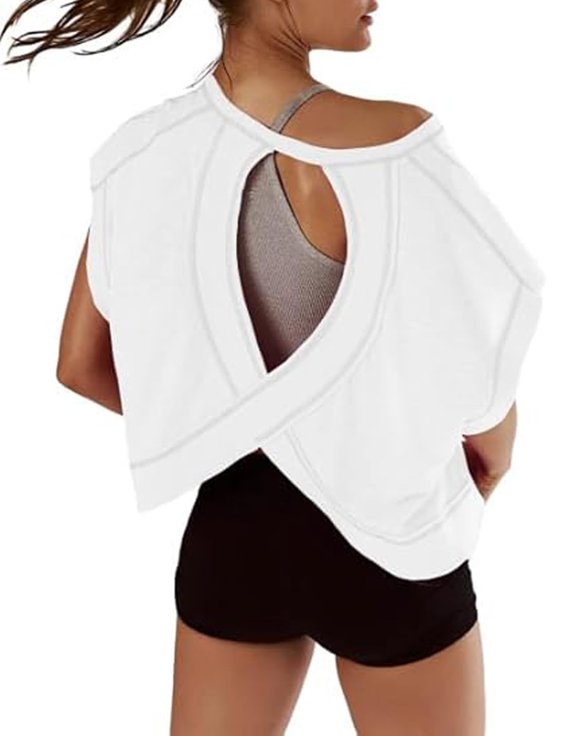 COWOKA Womens Open Back Short Sleeve Workout Tops Backless Athletic T Shirts Yoga Y2k Crop Running Tees White L
