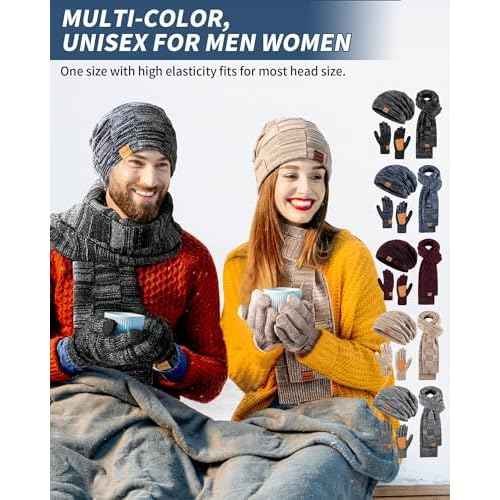Mens Hat Gloves Scarf Set Winter, Slouchy Beanie 3 in 1 Warm Set, for Men, Mens Stocking Stuffers