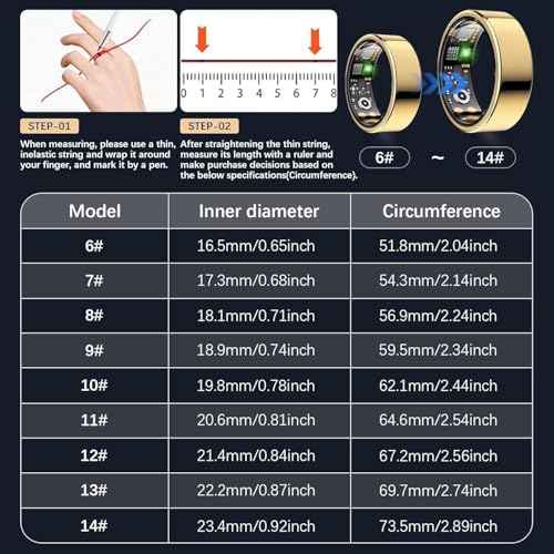 Health Tracker Ring, Smart Health Ring for Women Men with Heart Rate, Blood Oxygen, Sleep Monitor, Steps,Calories, No Subscription Fee, IP68 Waterproof Smart Ring for iPhone & Android (Gold, 7#)