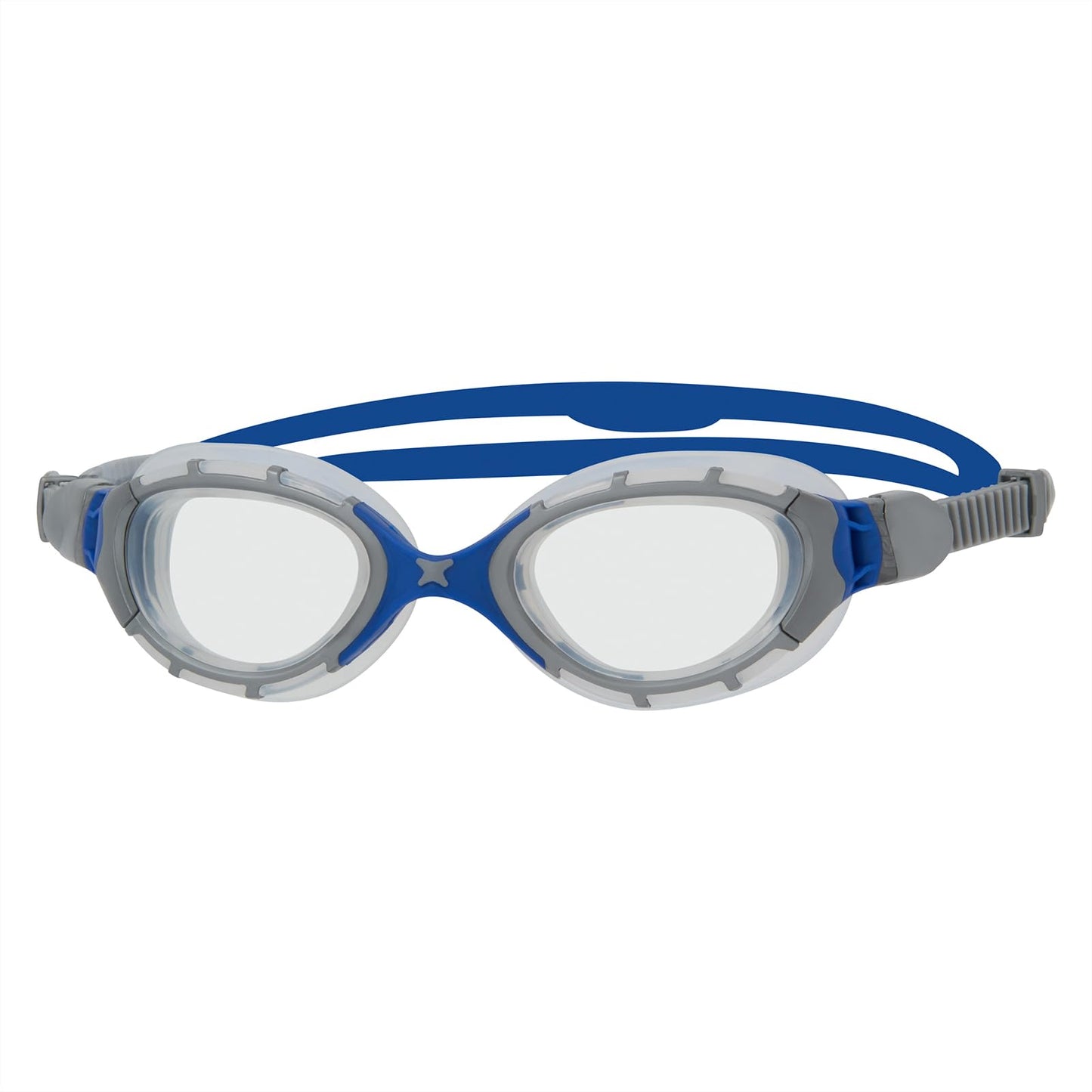 Zoggs Adult Unisex Predator Flex Anti-Fog UV Protection Curved Lens Ultra-Fit Gasket Quick-Adjust Swimming Goggles, Gray/Blue - Clear Lenses, Regular