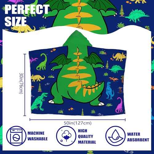 Dinosaur Hooded Beach Towel for Boys, Soft & Absorbent T-Rex Dinosaur Poncho Towel, 30¡±x50¡± Green Blue Bathrobe for Kids Cool Cartoon, Quick Dry Swim, Pool, and Bath Time