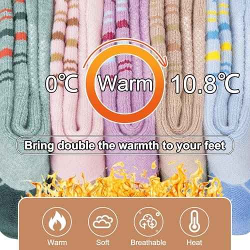 5 Pairs Womens Merino Wool Hiking Socks Winter Warm Crew Moisture Wicking Thick Cushioned Striped Boot Socks