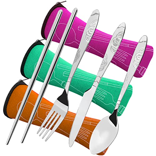 3 Pack Camping Silverware Set with Carrying Case - Red, Green, Orange Stainless Steel Flatware