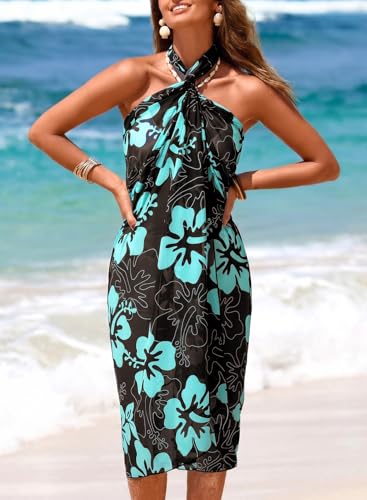 Herseas Women Sheer High Slit Swimsuit Coverup Sarong Chiffon Wrap - One Size Brown Hibiscus