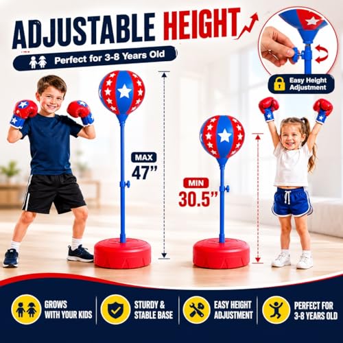 Kids Punching Bag with Gloves - 4ft x 13in Height Adjustable Boxing Toy for Ages 3-8
