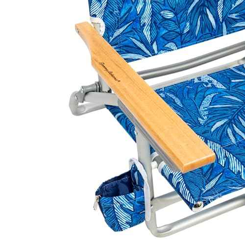 Tommy Bahama 5-Position Classic Lay Flat Backpack Beach Chair with Cooler and Cup Holder, Portable Folding Beach Chair for Tanning, Blue Tropical Leaves