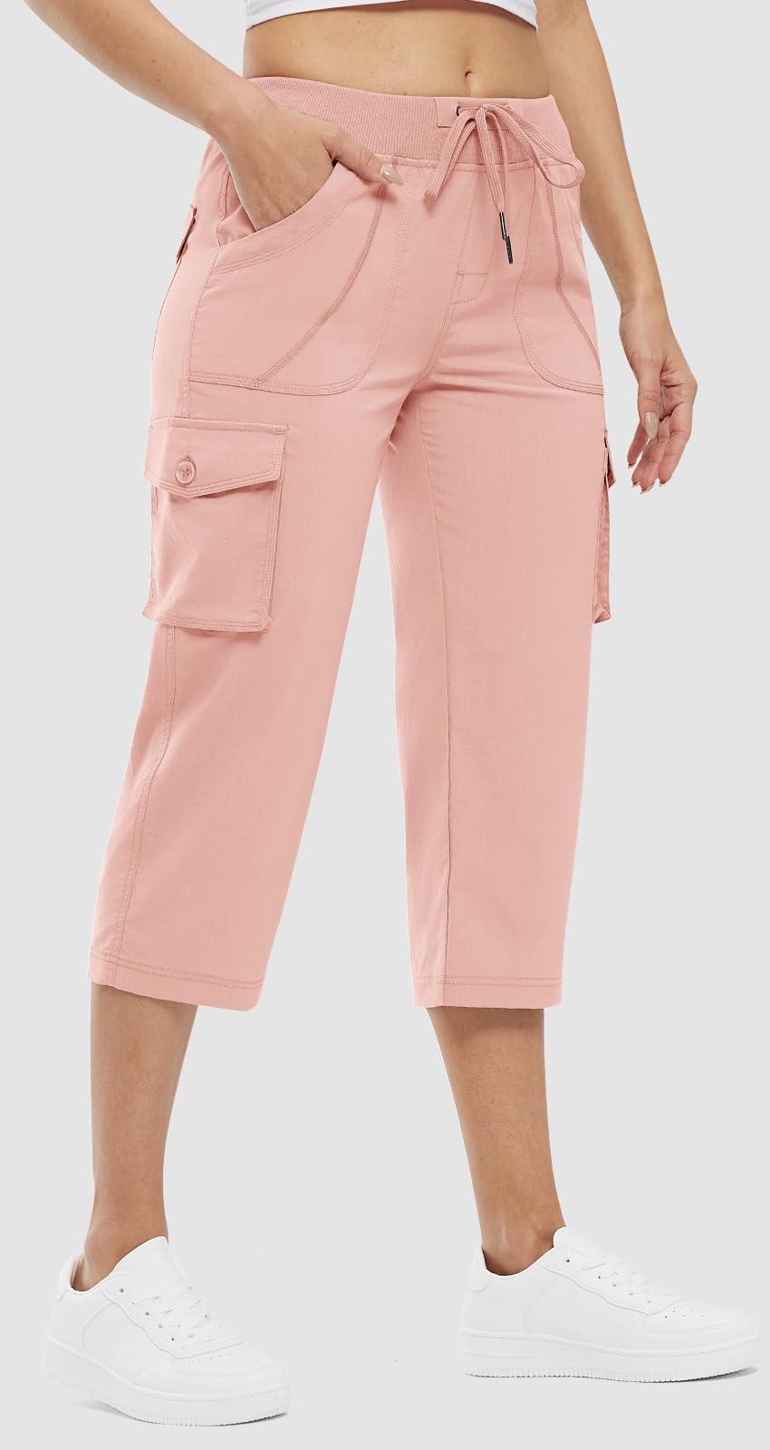Rdruko Capri Pants for Women with Pockets Lightweight Hiking Summer Pants,Pink, US L