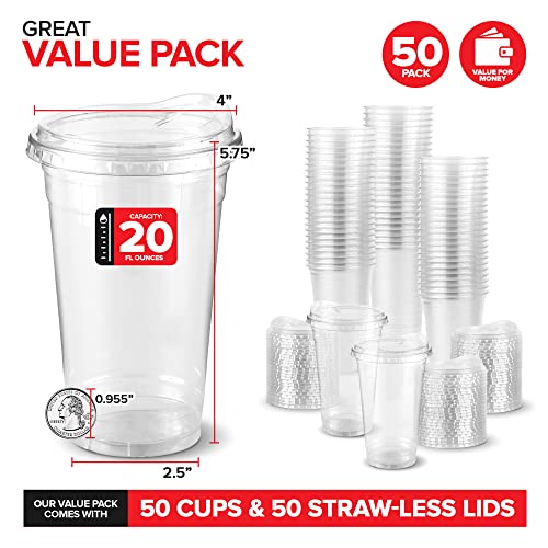 20 oz Clear Plastic Cups with Lids and Strawless Sip Lid - Disposable Togo Drinkware Set of 50