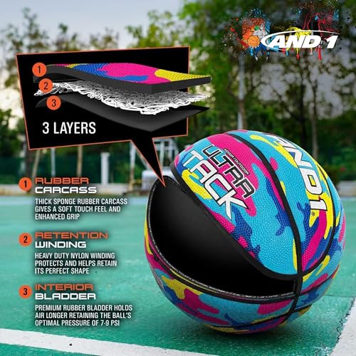 AND1 Rubber Basketball - Official Size 7 (29.5") Indoor/Outdoor - Yellow/Pink