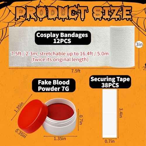 60 Yards 12 Rolls Halloween Mummy Wrap Costumes, Mummy Wrapping Cloth, Mummy Gauze, Mummy Bandages for Cosplay Zombie Makeup Halloween Costumes Accessories with Fake Blood Powder(3in W, Lady & Youth)