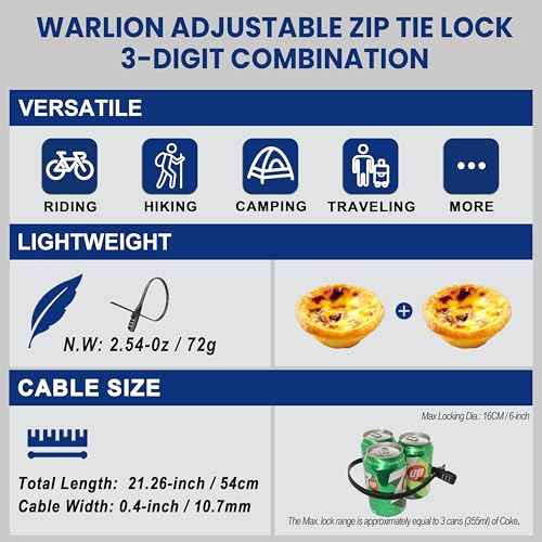 WARLION Zip Tie Lock - 3-Digit Adjustable Cable Lock, for Bike Rack, Motorcycle Helmet, Skateboard, Skis, French Door, Stroller & Cabinet - Ideal for Lightweight Security (1 Pack)