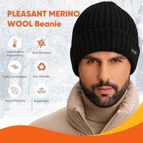 Merino Wool Cuff Beanie Winter Warm Thermal Hats for Mens & Womens Fleece Lined Beanie Knit Chunky Womens Snow Cap