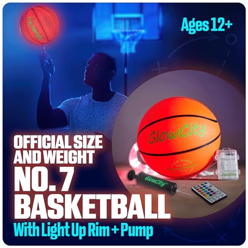 GlowCity Size 7 Glow in The Dark Basketball with Rim Light Set, 29.5-inch Rubber Ball, Pump Included