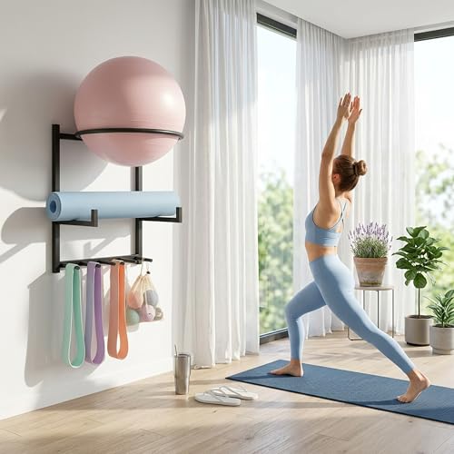 Wall Mounted Yoga Ball & Mat Storage Rack Organizer for Home Gym