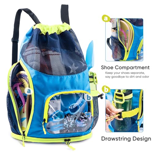 Neon Yellow & Blue Mesh Drawstring Swim Backpack with Shoe & Wet Pocket - Large Capacity