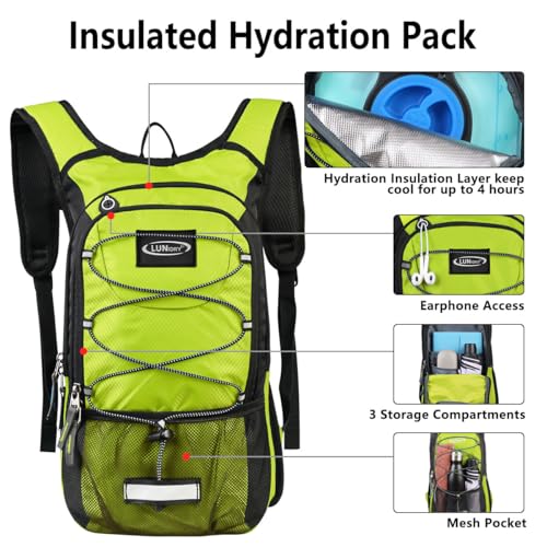 Green Hydration Backpack with 3L Water Bladder for Running, Cycling & Hiking