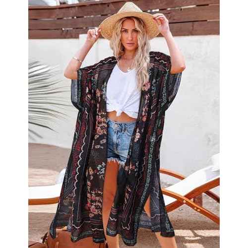 MayBuy Women's Summer Long Flowy Kimono Cardigans Boho Chiffon Beach Cover Up Tops