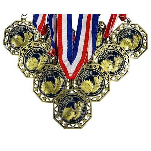 Express Medals Soccer Gold Medals Trophy Award with Neck Ribbons EMDC214Soccer - (Pack of 10)