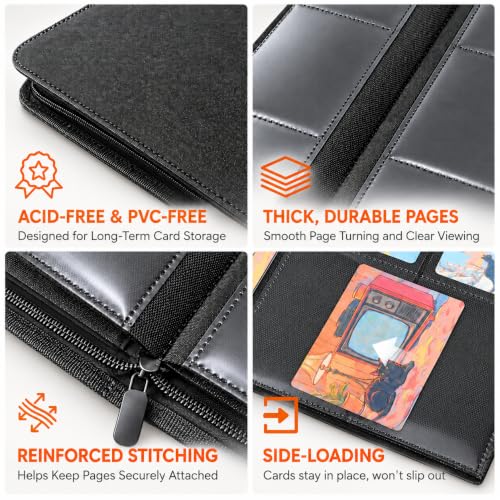 Black 9-Pocket Trading Card Binder for TCG & Sports Cards - 360 Slots, Zipper Closure