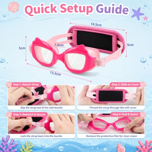 Toddler Swim Goggles with Cat Ears & Strawberry Scale - Anti-Fog, Fabric Strap, Age 2-8