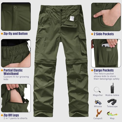 Boys Cargo Pants Kids' Hiking Quick Dry Lightweight Convertible Youth Waterproof Outdoor Camping Fishing Scout Pants #9016 Army Green-XL
