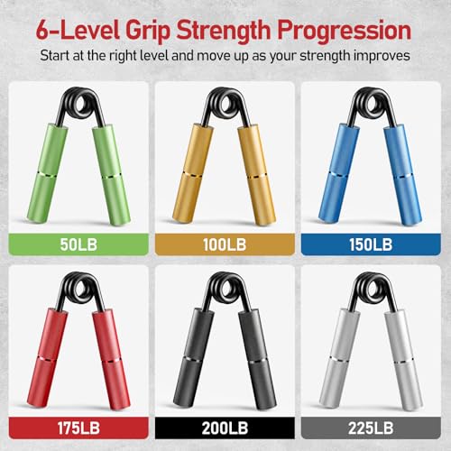 Grip Strength Trainer Set with Aluminum Hand Grippers - 6 Pack, 50LB-225LB Resistance