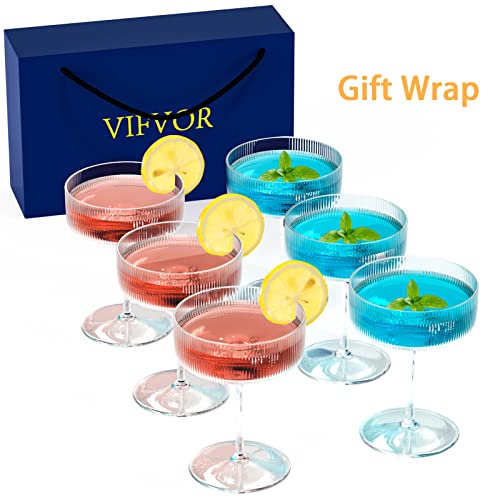 6 Pack Ribbed Coupe Cocktail Glasses - 10 oz Classic Martini Set with Gift Box