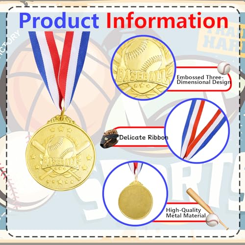 12 Pcs Golden Baseball Medals 2 Inch with Ribbon for Sports Awards Kids