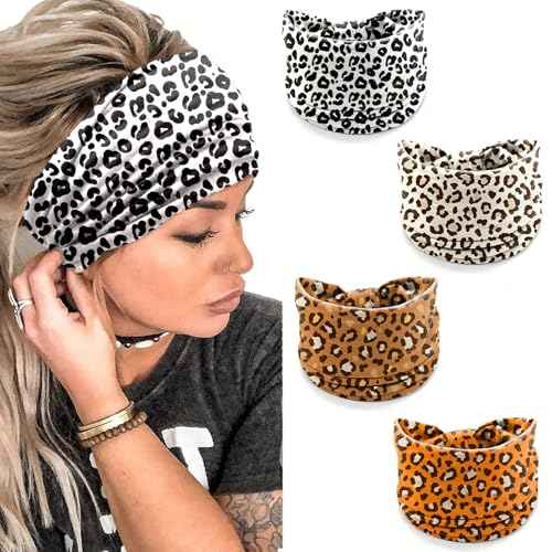 winthrop Leopard Print Headbands for Women ? 4 Pack Wide Stretchy Turban Hair Bands, Fashion Animal Print Head Wraps for Workout, Makeup, Casual & Street Style
