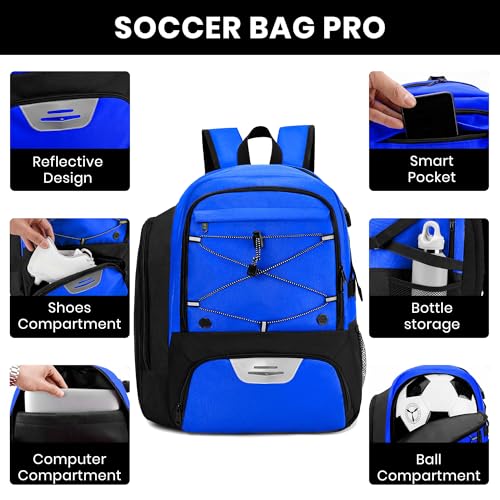 Soccer Backpack with Ball Holder, Shoe Compartment & Insulation - Water-Resistant Blue