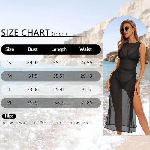 Women's Sheer Mesh Swimsuit Cover Up Dress - Medium White, High Split Drawstring