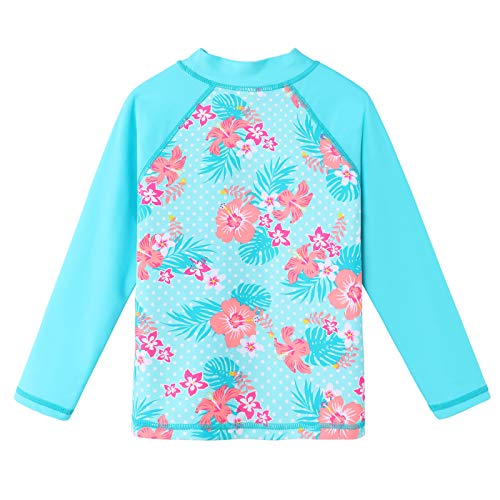 Girls Two Piece Swimsuit with Long Sleeve Rash Guard 5-6 Years Cyan Flower