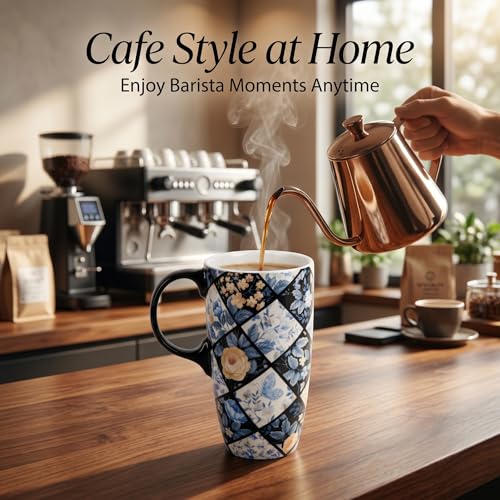 Travel Mug 17oz Diamond Floral Ceramic Coffee Cup with Blue Rose Design - Geometric Floral Variation