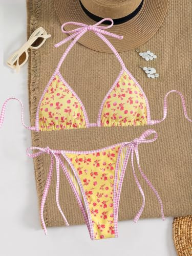 Women's Triangle Bikini Set Small Yellow Floral Swimsuit