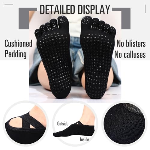 Yoga Toe Socks with Grip 7 Pairs Women's Non-Slip Toe Socks - Black, Light Gray, Dark Gray