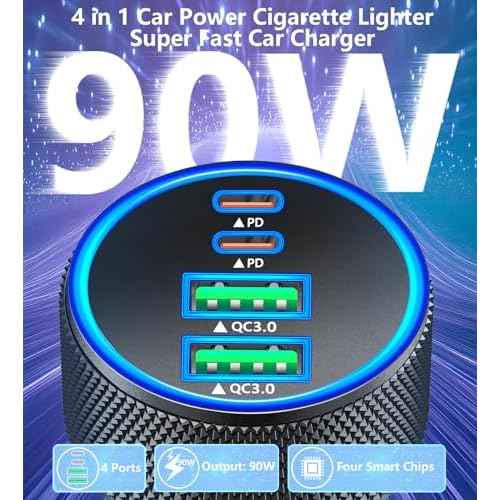 Car Charger USB C, Stuffcool 90W PD Dual USB-C & USB-A Car Power Adapter 4 in 1 PD/QC Type C Fast Charge Cigarette Lighter Adapter USB Charger for iPhone 17 17 Pro 16 15 14 13 12/Galaxy S25 S24/Pixel