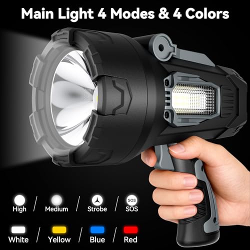 Rechargeable 200000 Lumens Waterproof LED Spotlight with 3 Lenses & Foldable Stand