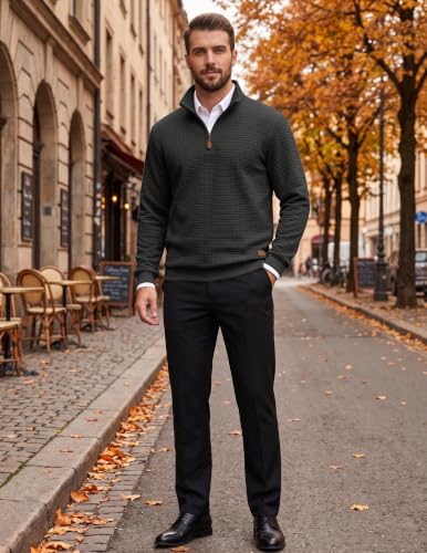 Men's Large Black Quarter Zip Pullover Sweatshirt - Waffle Fleece with Leather Accents