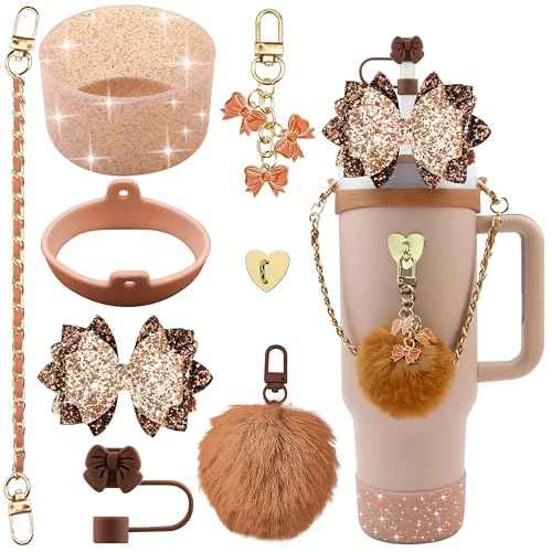 Bling Stanley Cup Accessories for 40oz & 30oz Tumbler including Silicone Cute Bow Straw Topper Cover, Silicone Stanley Cup Boot,Leather Water Bottle Handle Strap, Charms(Brown)