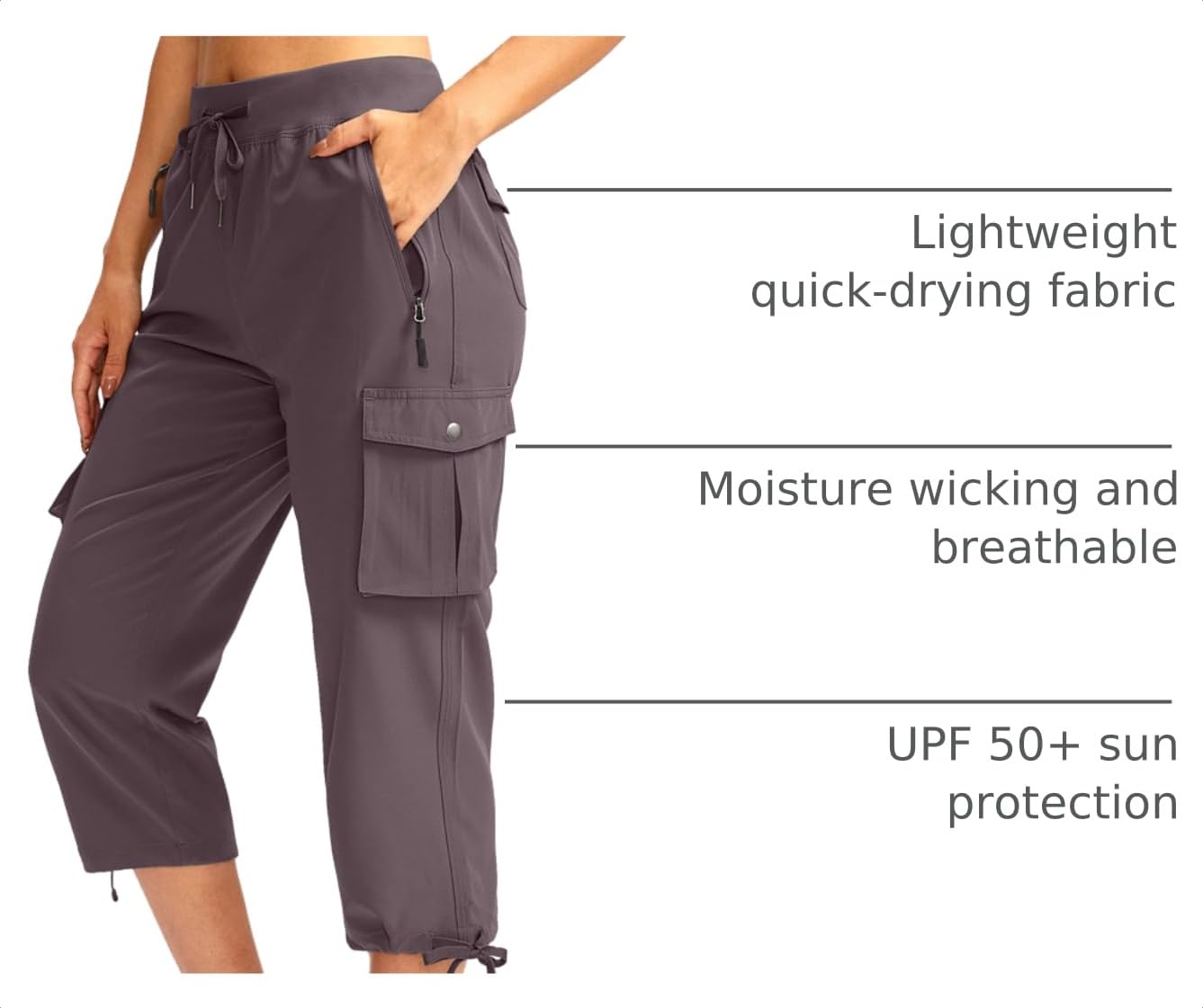 Soothfeel Women's Cargo Capris Pants with 6 Pockets Lightweight Quick Dry Travel Hiking Summer Pants for Women Casual (Dusty Purple, 3XL)