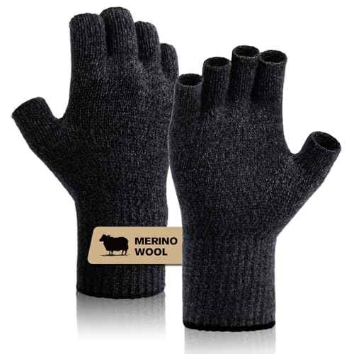 Merino Wool Fingerless Gloves for Men Women Half Finger Gloves Thermal Soft Knit Liner for Hunting Fishing Hiking