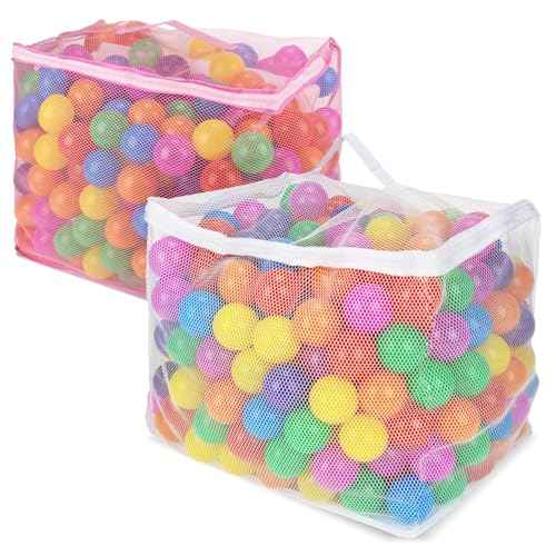 2 PCS Ball Pit Balls Bags - Storage Mesh Bag with Zipper Suitable for Storage,Sturdy and Durable,Large Size 17.7 x 11.8 x 13.7 Inches, Pink & White(Only Storage Bag,No Ball)