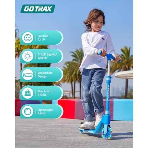 Gotrax K03 Kick Scooter for Kids, 5" LED RGB Lighted Wheels, 4.6 Lbs Lightweight and One-Click Detachable Design, Height Adjustable Handlebars, Anti-Slip Deck and Max Load 110 Lbs for Boy&Girl Age 3+