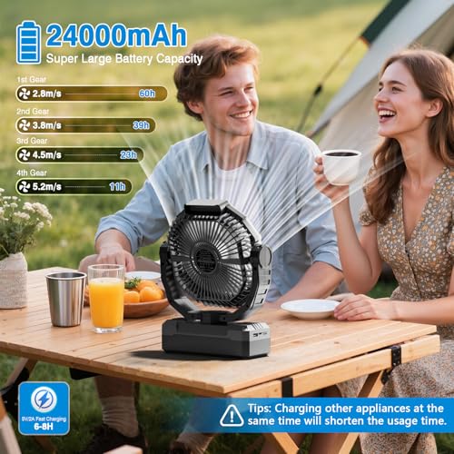 Portable Camping Fan with Light and 24000mAh Battery - 3-in-1 Rechargeable Fan for Outdoor Travel