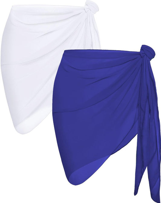 2 Pieces Sarong Cover Ups for Women Beach Bathing Suit Wrap Sheer Short Skirt Bikini Chiffon Scarf for Swimwear (White and Royal Blue)