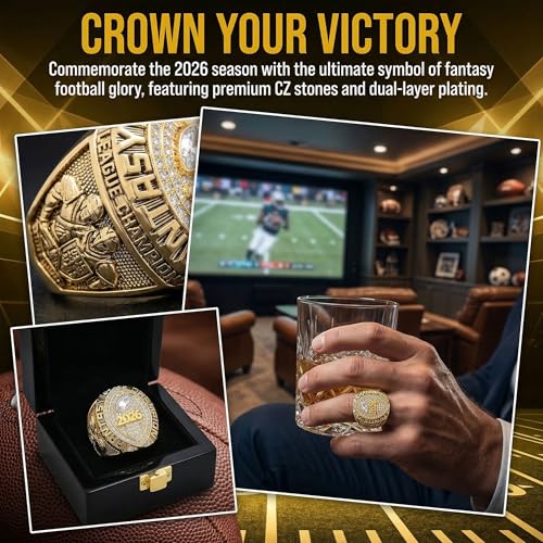 Gold Fantasy Football Championship Ring - 2026 League Winner Trophy with Gift Box (026-Gold / 11-D20.22MM-C65MM)