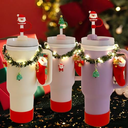 12Pcs Christmas Stanley Cup Accessories Set Including Light Up Christmas Garland, Straw Toppers, Silicone Boot, Water Bottle Charm for Stanley Tumbler 40oz&30oz