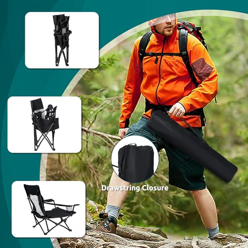 Folding Camping Lawn Chair - Black, Oversized, 600D Oxford Fabric, 2 Pack