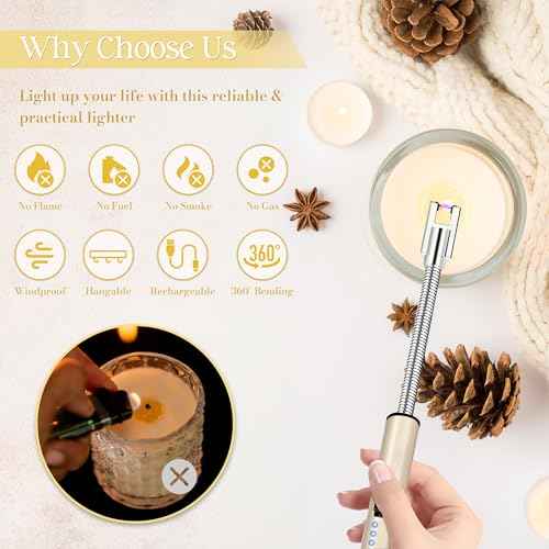 Electric Lighter, Candle Lighter Flameless Windproof with 360¡Æ Flexible Neck & LED Power Display, Type C Arc Rechargeable Lighters for BBQ, Camping, Cooking, Gift for Christmas, Thanksgiving, Birthday